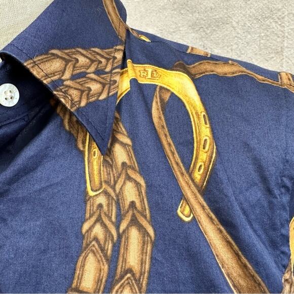 Lauren Ralph Lauren navy equestrian horse bit  button up peplum shirt size 4 - Picture 8 of 16